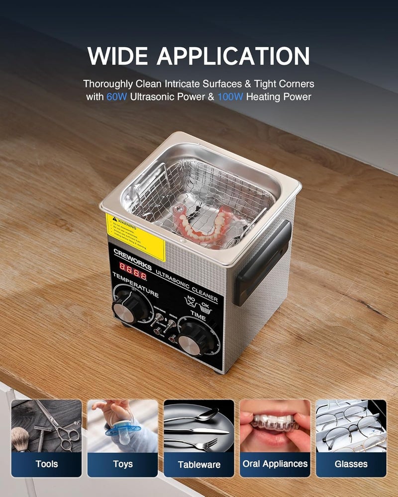 CREWORKS 2L Ultrasonic Cleaner with Degas & Gentle Modes, 60W Stainless Steel Ultrasonic Cleaner Machine with Heater and Timer, Ultrasonic Parts Cleaner with Knob Control for Jewelry Glasses Watch - Image 5